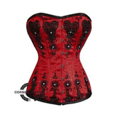 Red Satin Black Sequins Burlesque Overbust Gothic Corset